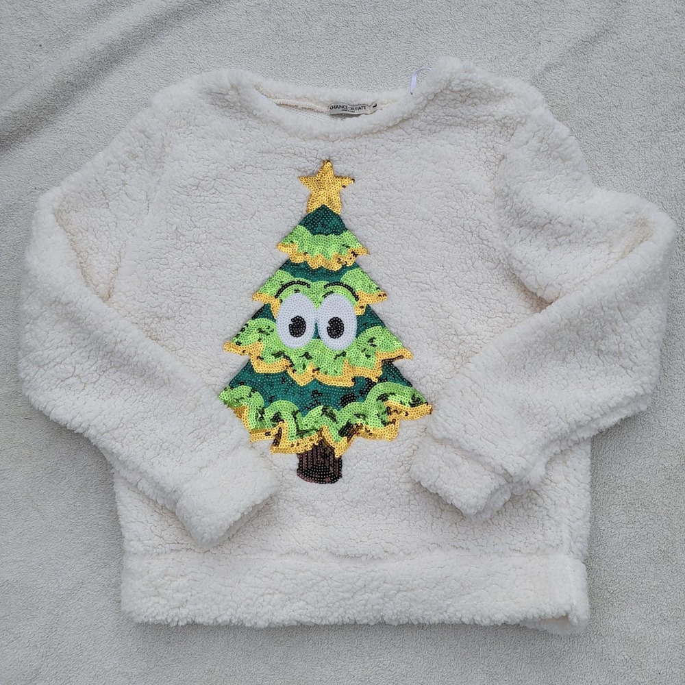 Chance or Fate sequin ivory Christmas tree sherpa womens sweater size L